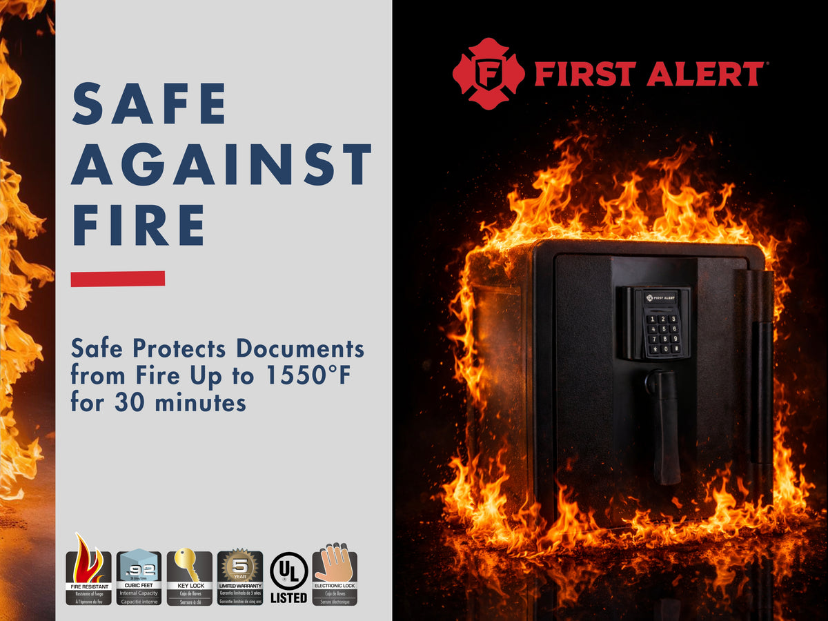 First Alert Fireproof and Waterproof Security Safe, .92 CU FT, 30 minute Fire Rating @ 1550, Fire Proof UL Rated Fire Safe. Features Digital Electronic Lock w/ Emergency Access Override Key & Bolt Down Kit Model 2911DF-BDC-G
