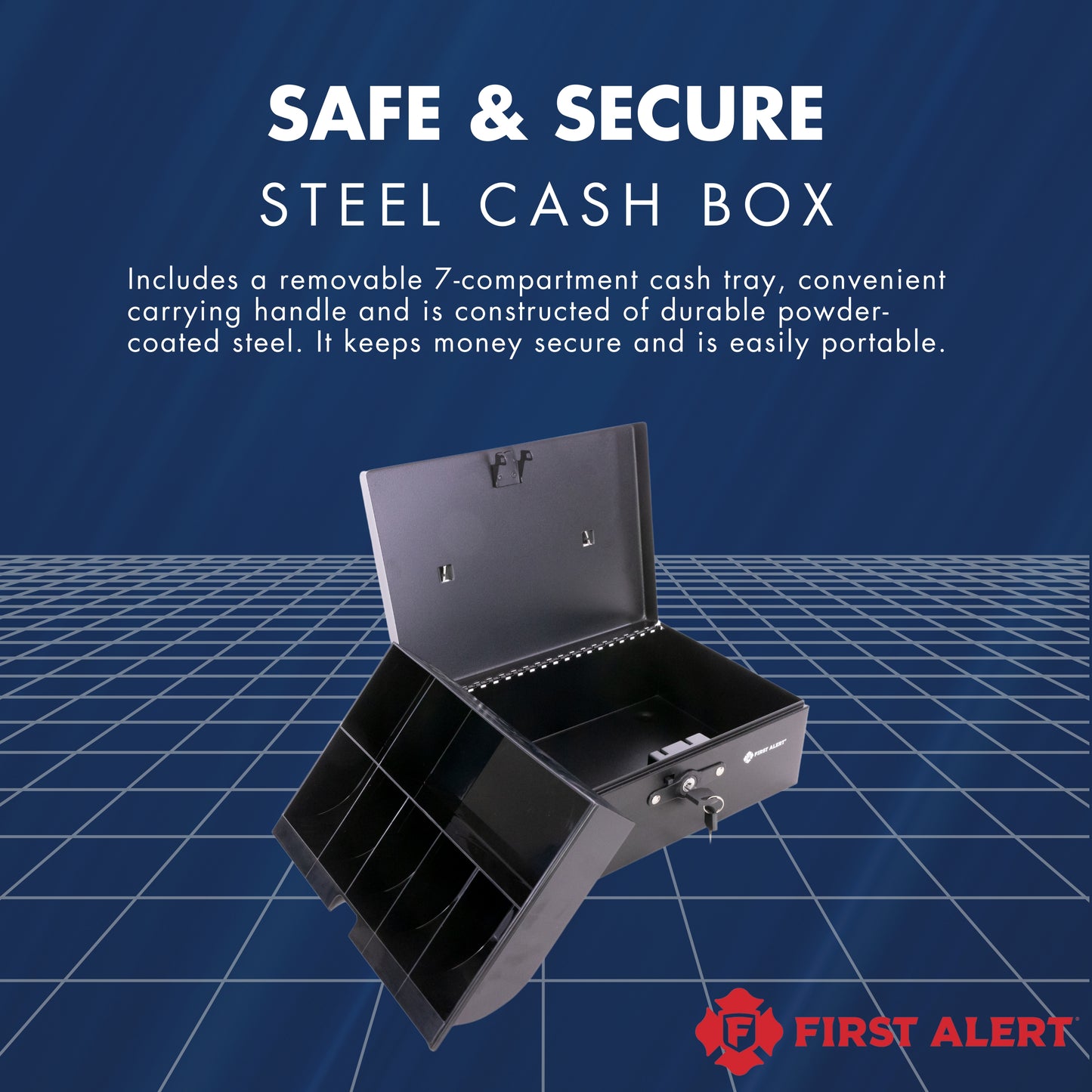 3020F Cash Box, made from powder coated steel, Removable 7 compartment cash tray, Keylock with two keys