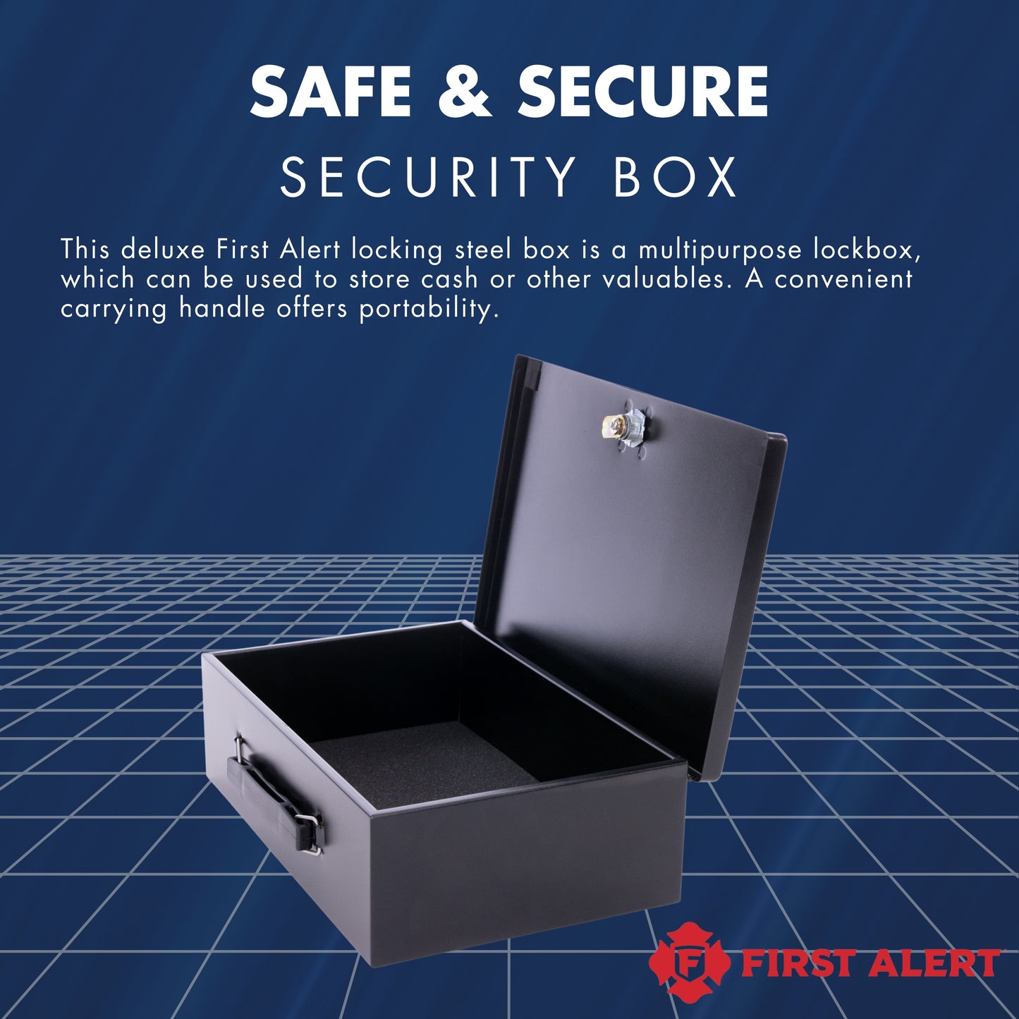 3031F Fire retardent security box, made from powder coated steel, Double steel wall construction, Interior floor lining, Keylock with two keys
