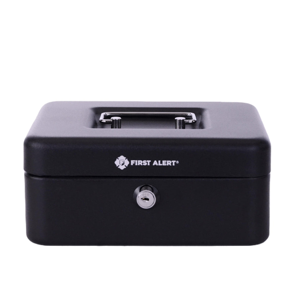First Alert locking Cash Security Box, made from powder coated steel, Removable 3 compartment cash tray. Model 6202F