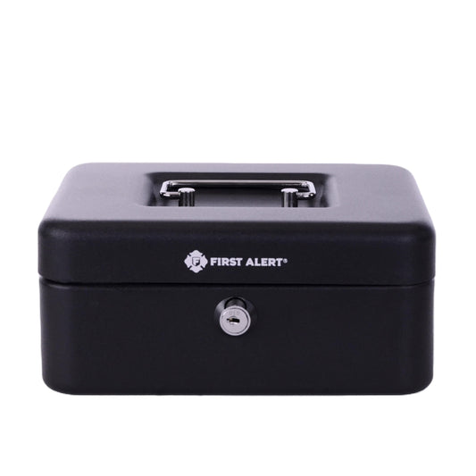 First Alert locking Cash Security Box, made from powder coated steel, Removable 3 compartment cash tray. Model 6202F