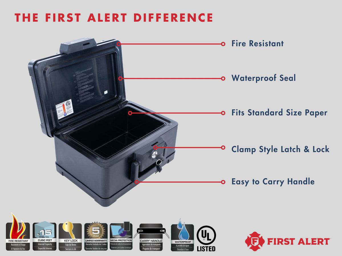 First Alert Fireproof and Waterproof Security Safe, .15 CU FT, 30 Minute Fire rating @ 1550, Fire Proof UL Rated Fire Chest. Features single latch design with push button and key lock. Model 2012F
