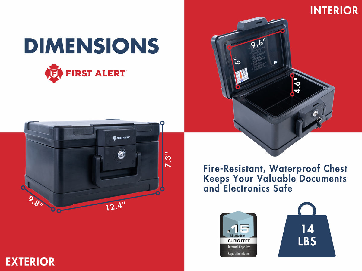 First Alert Fireproof and Waterproof Security Safe, .15 CU FT, 30 Minute Fire rating @ 1550, Fire Proof UL Rated Fire Chest. Features single latch design with push button and key lock. Model 2012F