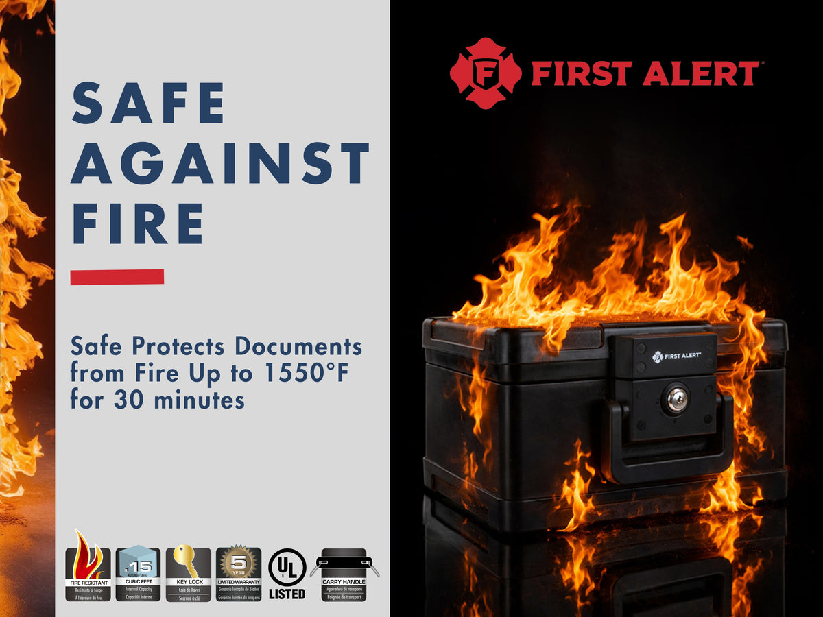 First Alert Fireproof and Waterproof Security Safe, .15 CU FT, 30 Minute Fire rating @ 1550, Fire Proof UL Rated Fire Chest. Features single latch design with push button and key lock. Model 2012F