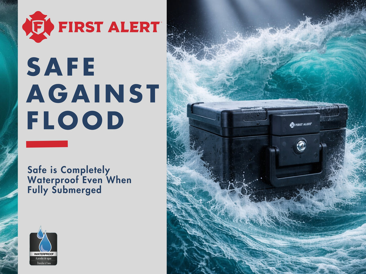 First Alert Fireproof and Waterproof Security Safe, .15 CU FT, 30 Minute Fire rating @ 1550, Fire Proof UL Rated Fire Chest. Features single latch design with push button and key lock. Model 2012F