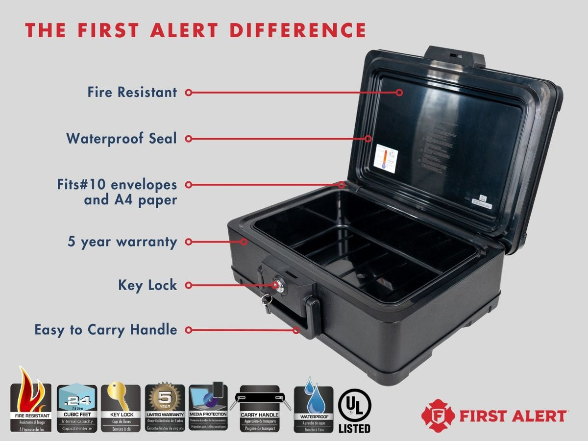 First Alert Fireproof and Waterproof Security Safe, .24 CU FT, 30 Minute Fire rating @ 1550, Fire Proof UL Rated Fire Chest. Features single latch design with push button and key lock. Model 2019F