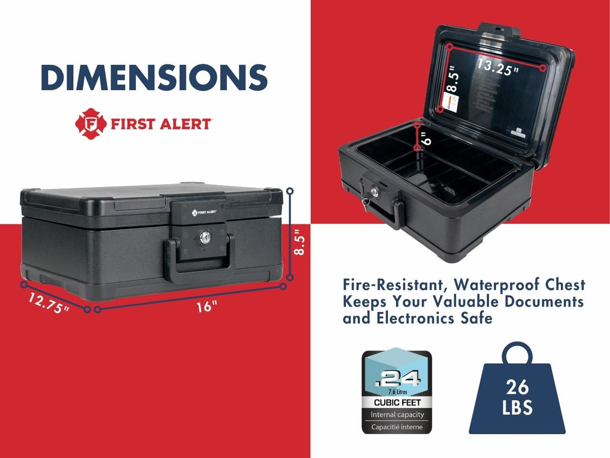 First Alert Fireproof and Waterproof Security Safe, .24 CU FT, 30 Minute Fire rating @ 1550, Fire Proof UL Rated Fire Chest. Features single latch design with push button and key lock. Model 2019F