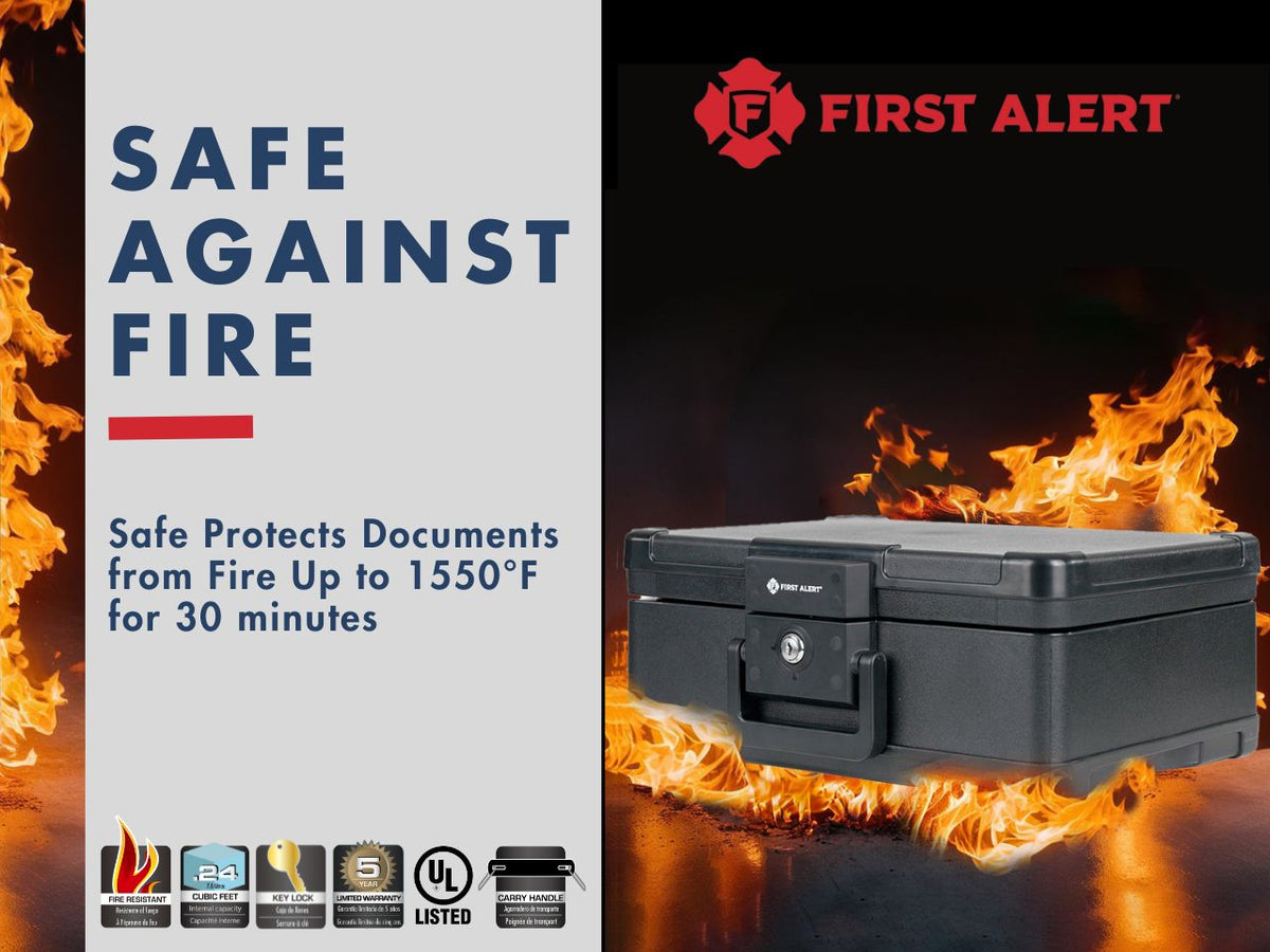 First Alert Fireproof and Waterproof Security Safe, .24 CU FT, 30 Minute Fire rating @ 1550, Fire Proof UL Rated Fire Chest. Features single latch design with push button and key lock. Model 2019F