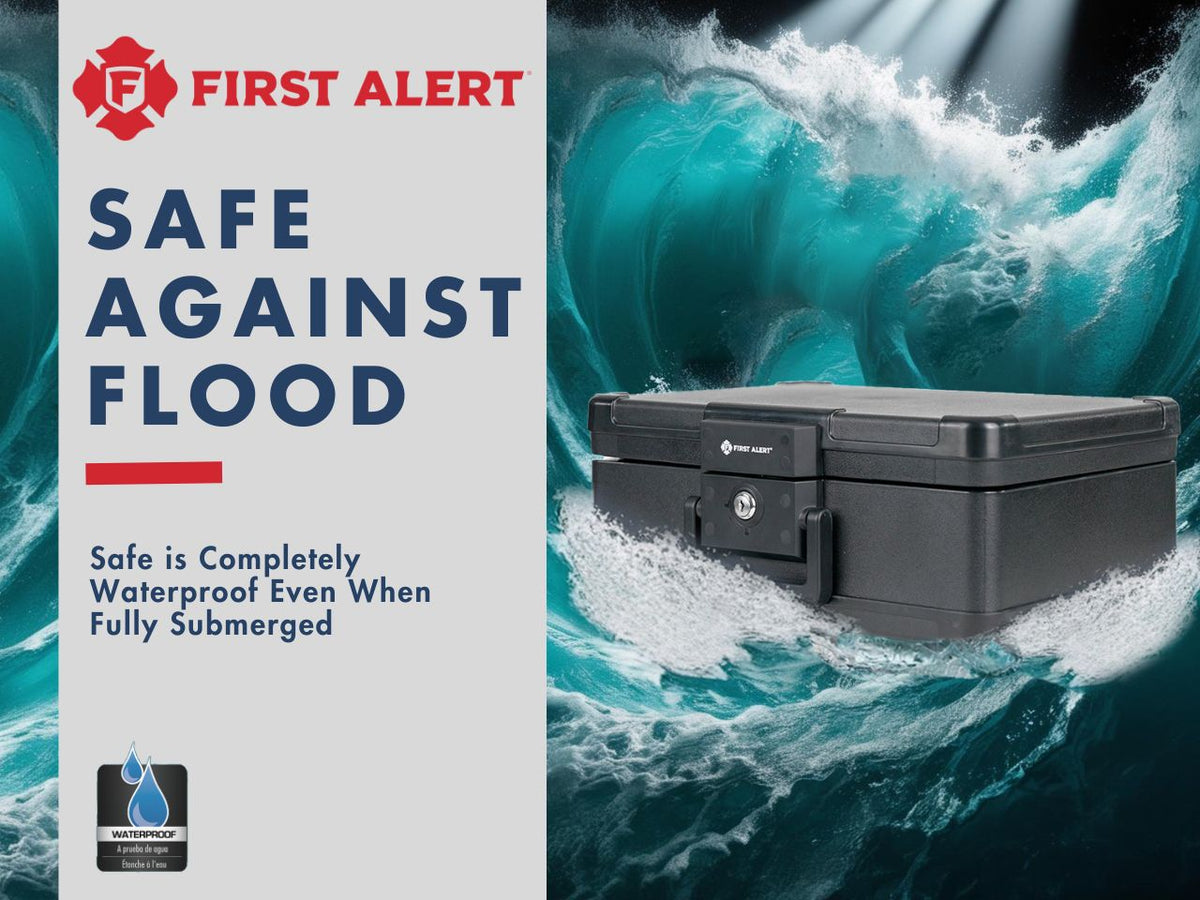 First Alert Fireproof and Waterproof Security Safe, .24 CU FT, 30 Minute Fire rating @ 1550, Fire Proof UL Rated Fire Chest. Features single latch design with push button and key lock. Model 2019F