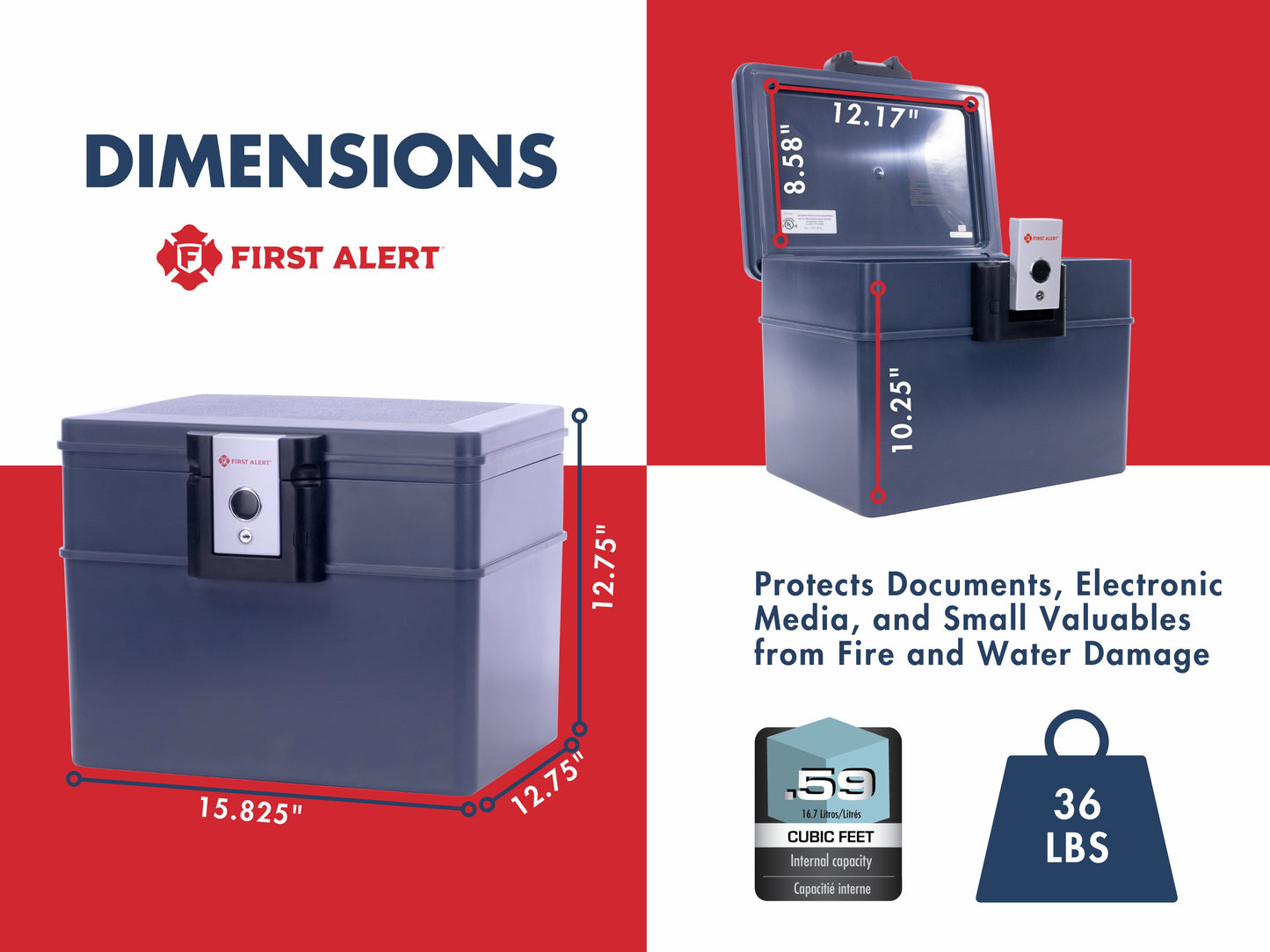 2037F UL-72 Fire Rated 30 minutes at 1550°F/843°C; Single latch design with push button and key lock; Waterproof; Fits hanging files