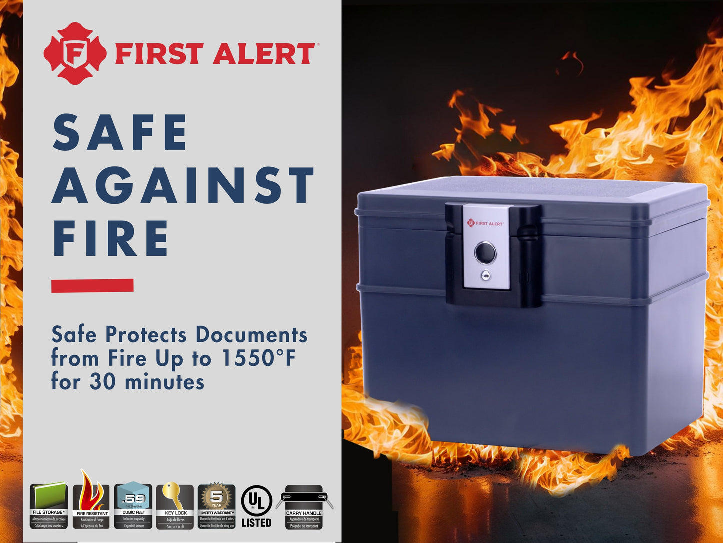 2037F UL-72 Fire Rated 30 minutes at 1550°F/843°C; Single latch design with push button and key lock; Waterproof; Fits hanging files