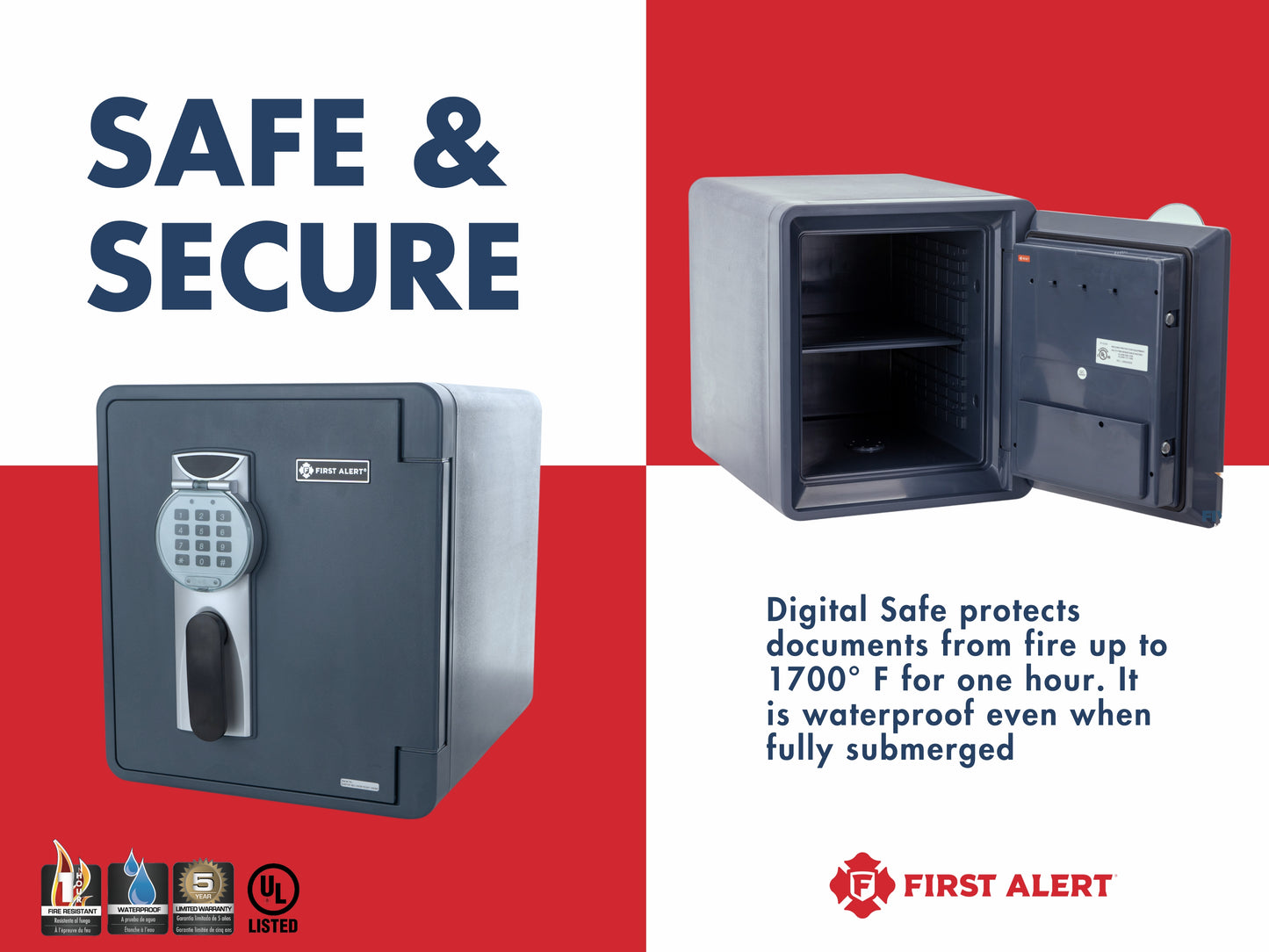 2096DF - 2.1 CU' UL Fire Rated 60 minutes at 1700°F/927°C; Waterproof; Digital lock; pry-resistant hinges;
