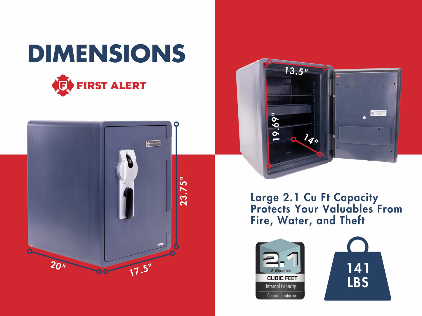 2096LBF 2.1 CU’ Waterproof 1 Hour Fire Safe W/ Biometric Fingerprint lock