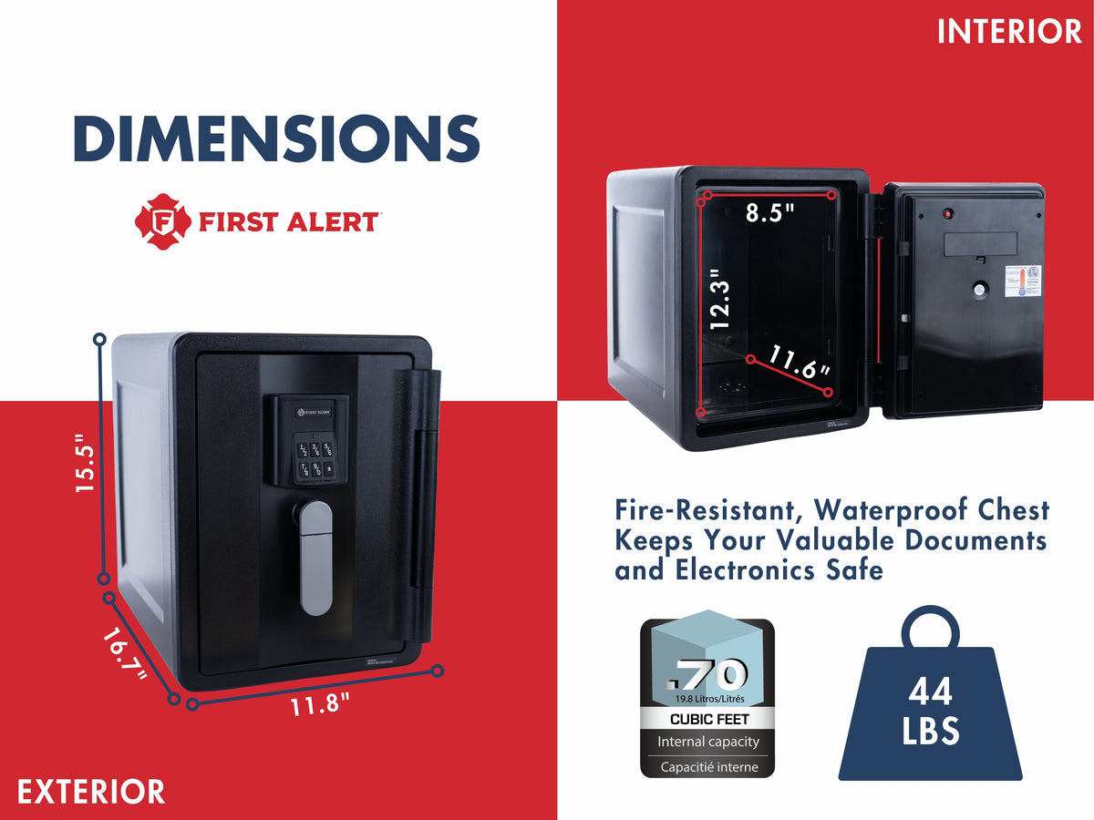 First Alert Fireproof and Waterproof Security Safe, .74 CU FT, 30 minute Fire Rating @ 1550, Fire Proof UL Rated Fire Safe.  Features Digital Electronic Lock w/ Emergency Access Override Key & Bolt Down Kit Model 2901DF-BD