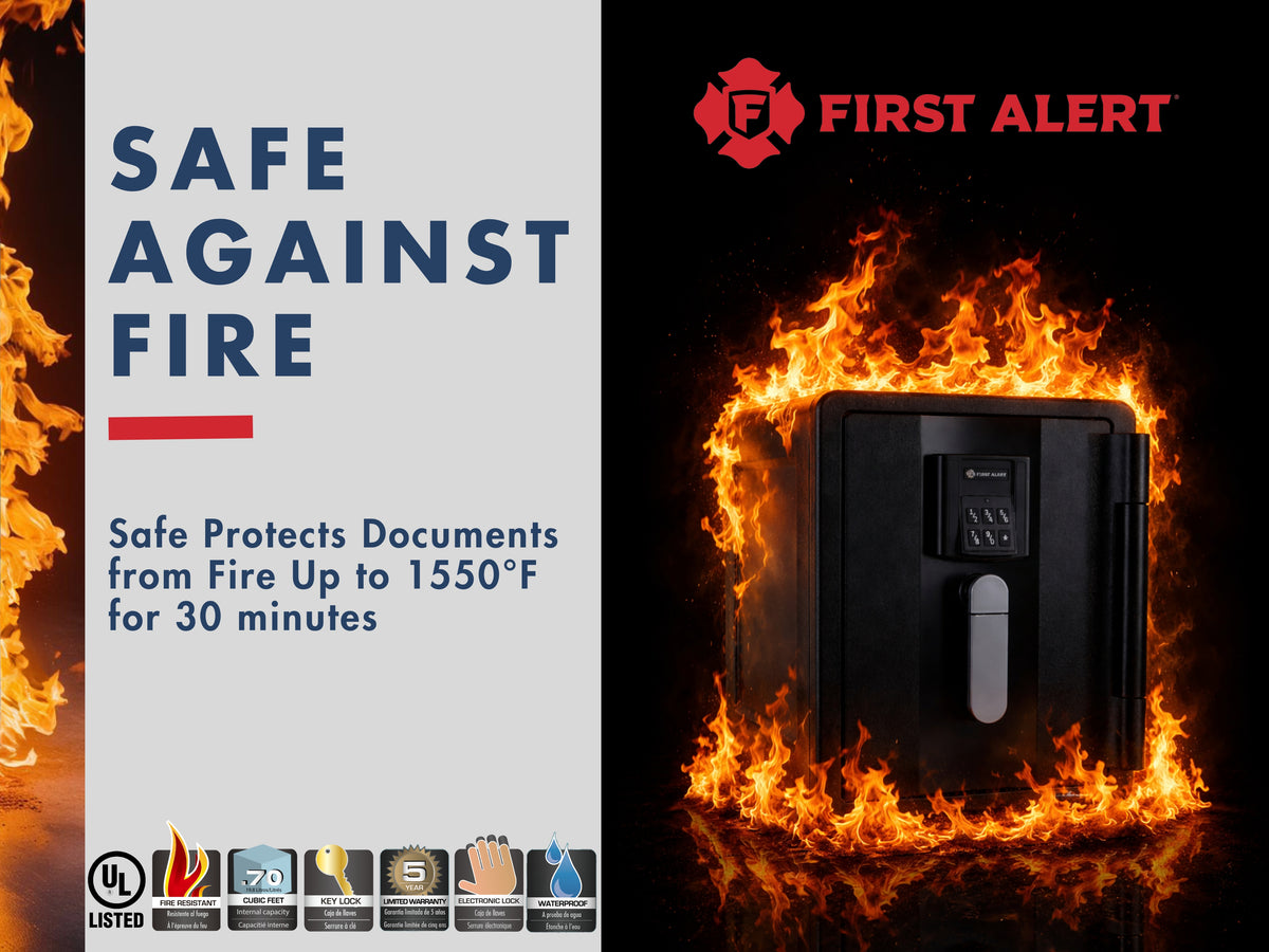 First Alert Fireproof and Waterproof Security Safe, .74 CU FT, 30 minute Fire Rating @ 1550, Fire Proof UL Rated Fire Safe.  Features Digital Electronic Lock w/ Emergency Access Override Key & Bolt Down Kit Model 2901DF-BD