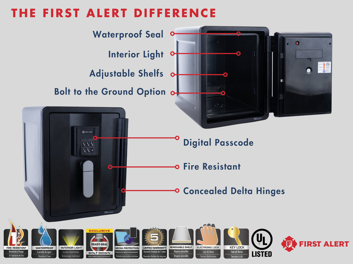 First Alert Fireproof and Waterproof Security Safe, .74 CU FT, 30 minute Fire Rating @ 1550, Fire Proof UL Rated Fire Safe.  Features Digital Electronic Lock w/ Emergency Access Override Key & Bolt Down Kit Model 2901DF-BD