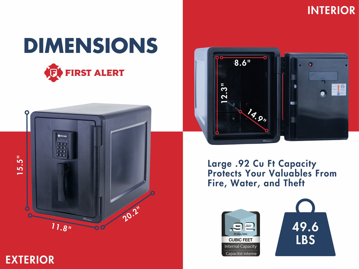 First Alert Fireproof and Waterproof Security Safe, .92 CU FT, 30 minute Fire Rating @ 1550, Fire Proof UL Rated Fire Safe.  Features Digital Electronic Lock w/ Emergency Access Override Key & Bolt Down Kit Model 2911DF-BD