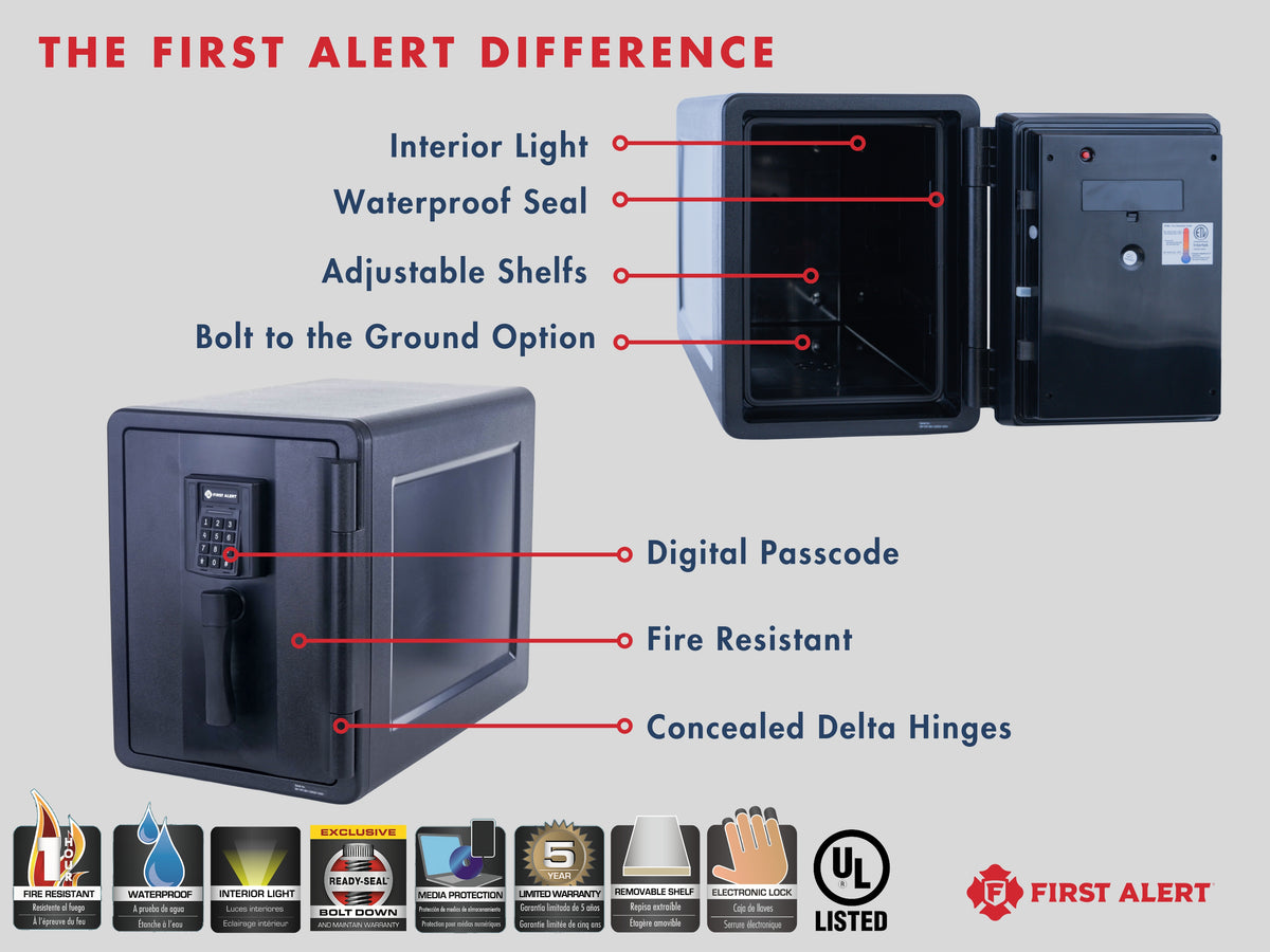 First Alert Fireproof and Waterproof Security Safe, .92 CU FT, 30 minute Fire Rating @ 1550, Fire Proof UL Rated Fire Safe.  Features Digital Electronic Lock w/ Emergency Access Override Key & Bolt Down Kit Model 2911DF-BDC-G