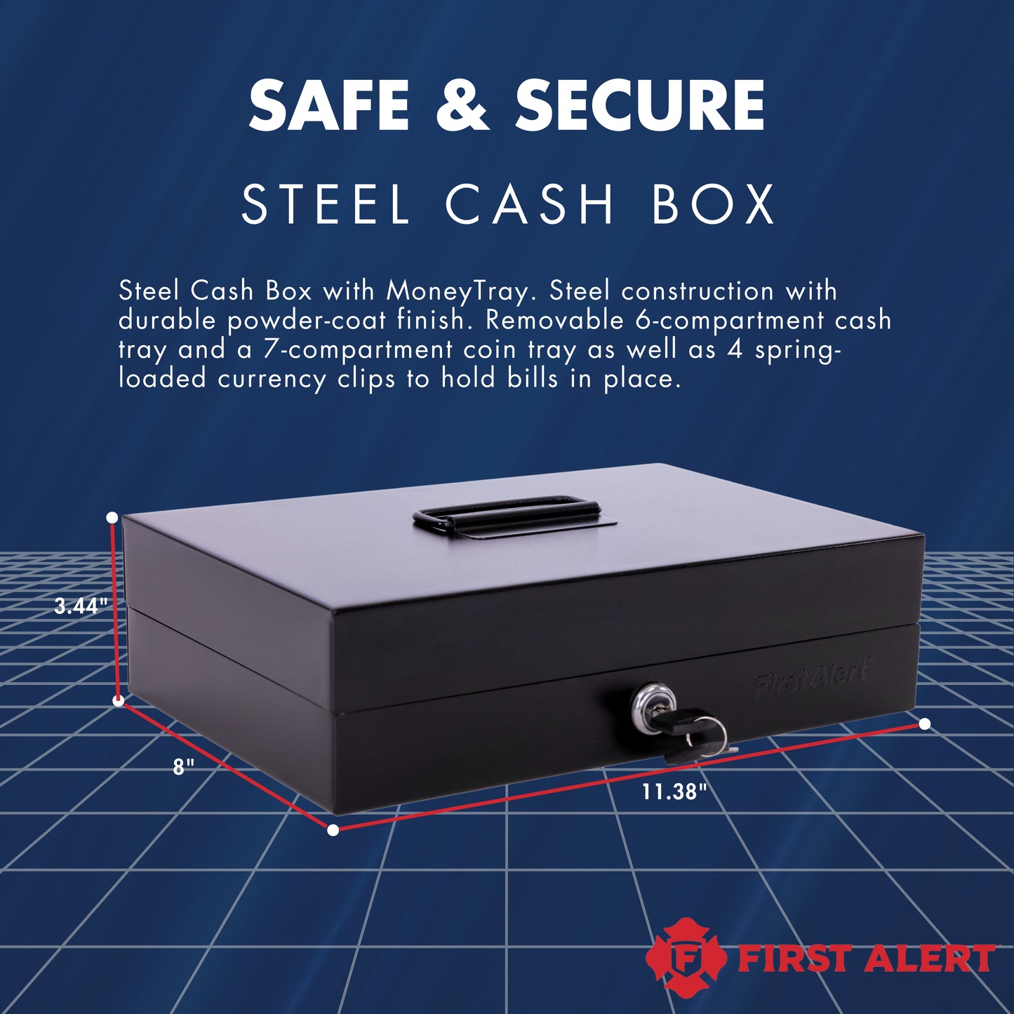 3026F Cash Box, made from powder coated steel, Removable 7 compartment cash tray, 4 spring loaded money clips, Keylock with two keys