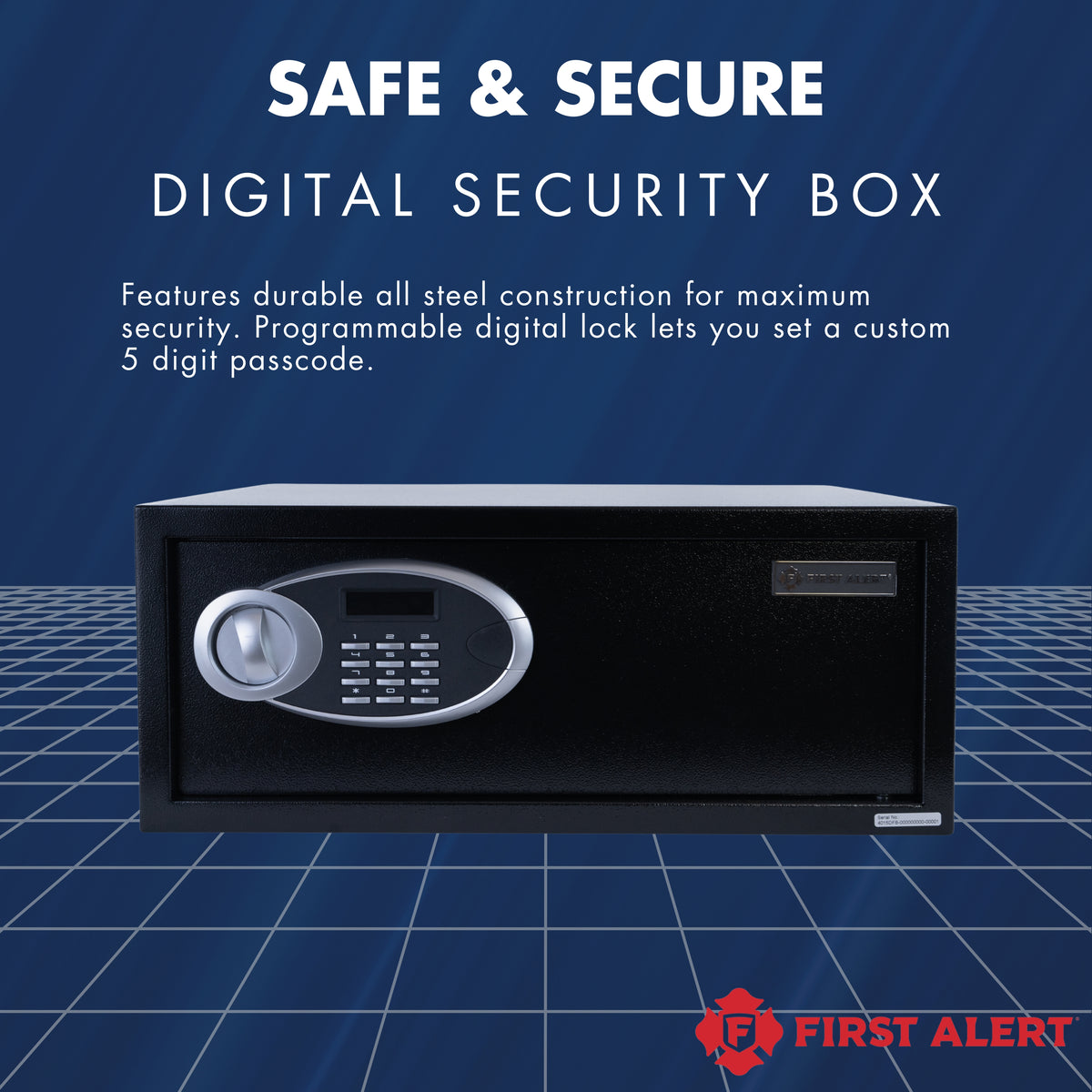 First Alert Steel Security Safe, 1.2 CU FT Features Digital Electronic Lock and  Emergency Access Override Key, Anti-Pry Hinges, Interior Lighting, Removable Shelf & Bolt Down Feature.  Model 4015DFB