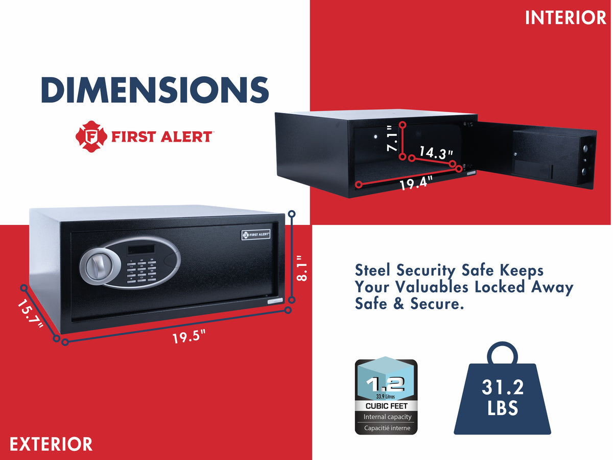 First Alert Steel Security Safe, 1.2 CU FT Features Digital Electronic Lock and  Emergency Access Override Key, Anti-Pry Hinges, Interior Lighting, Removable Shelf & Bolt Down Feature.  Model 4015DFB