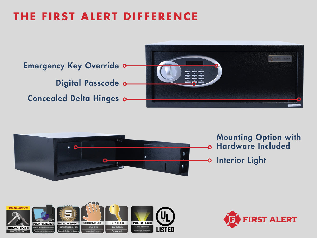 First Alert Steel Security Safe, 1.2 CU FT Features Digital Electronic Lock and  Emergency Access Override Key, Anti-Pry Hinges, Interior Lighting, Removable Shelf & Bolt Down Feature.  Model 4015DFB