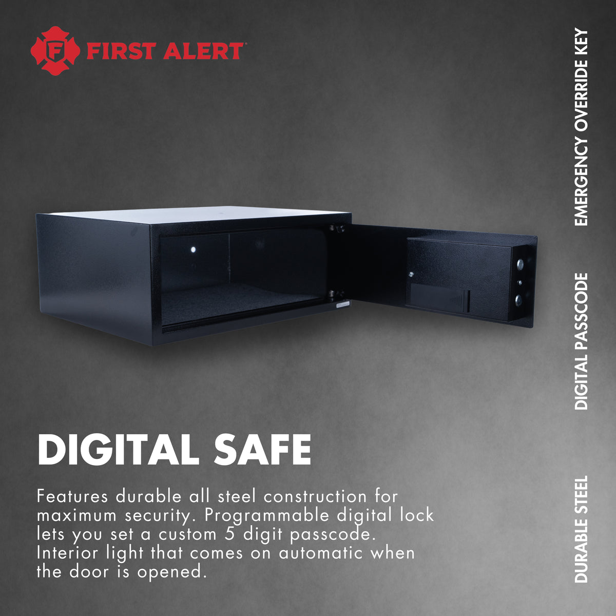 First Alert Steel Security Safe, 1.2 CU FT Features Digital Electronic Lock and  Emergency Access Override Key, Anti-Pry Hinges, Interior Lighting, Removable Shelf & Bolt Down Feature.  Model 4015DFB
