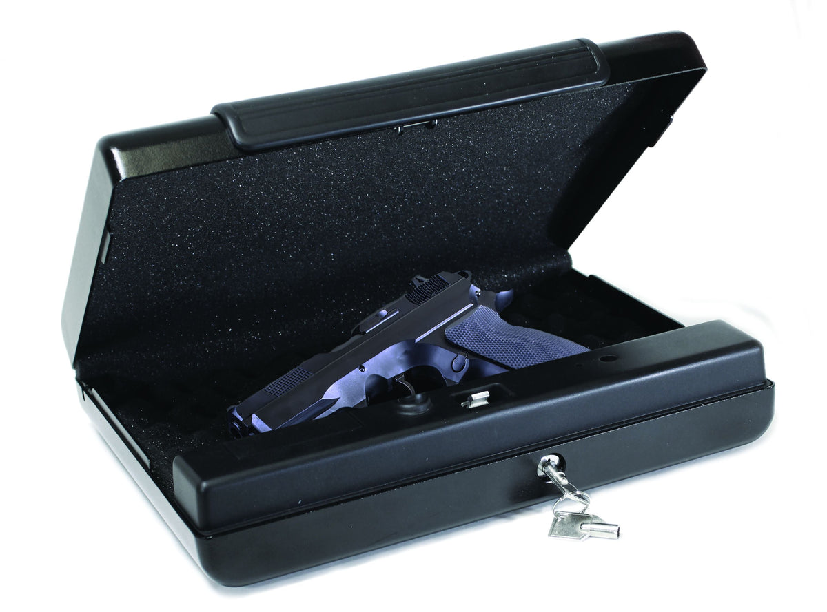 Single Key Gun Safe First Alert TSA Approved Quick Access Hand gun safe. Features digital ...