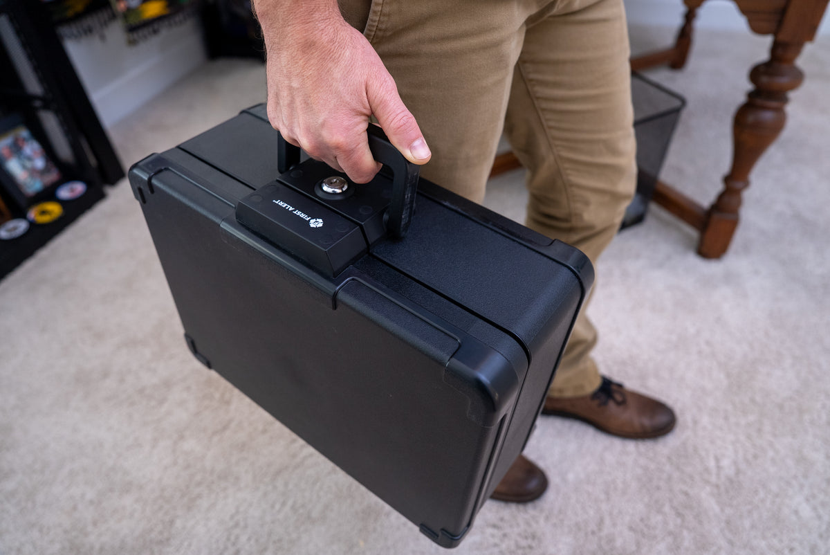 First Alert Fireproof and Waterproof Security Safe, .24 CU FT, 30 Minute Fire rating @ 1550, Fire Proof UL Rated Fire Chest. Features single latch design with push button and key lock. Model 2019F