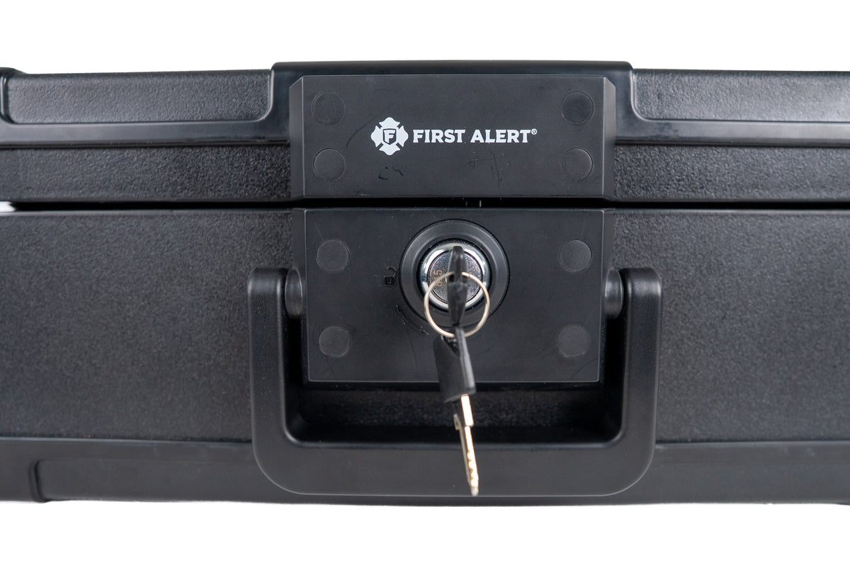 First Alert Fireproof and Waterproof Security Safe, .24 CU FT, 30 Minute Fire rating @ 1550, Fire Proof UL Rated Fire Chest. Features single latch design with push button and key lock. Model 2019F