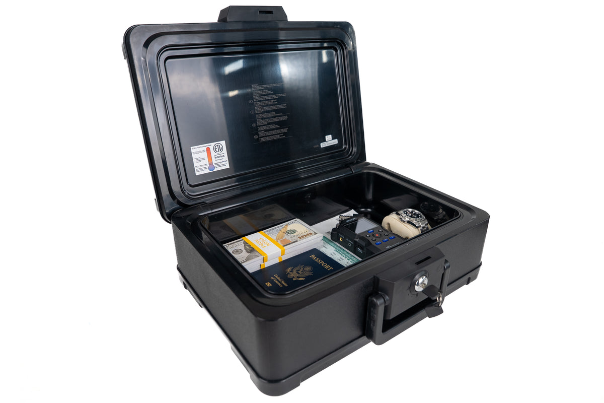 First Alert Fireproof and Waterproof Security Safe, .24 CU FT, 30 Minute Fire rating @ 1550, Fire Proof UL Rated Fire Chest. Features single latch design with push button and key lock. Model 2019F