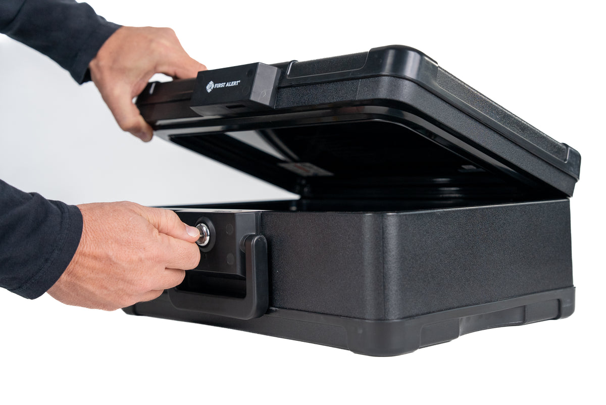 First Alert Fireproof and Waterproof Security Safe, .24 CU FT, 30 Minute Fire rating @ 1550, Fire Proof UL Rated Fire Chest. Features single latch design with push button and key lock. Model 2019F