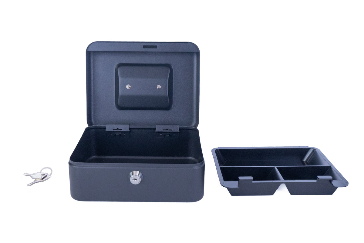 First Alert locking Cash Security Box, made from powder coated steel, Removable 3 compartment cash tray. Model 6202F
