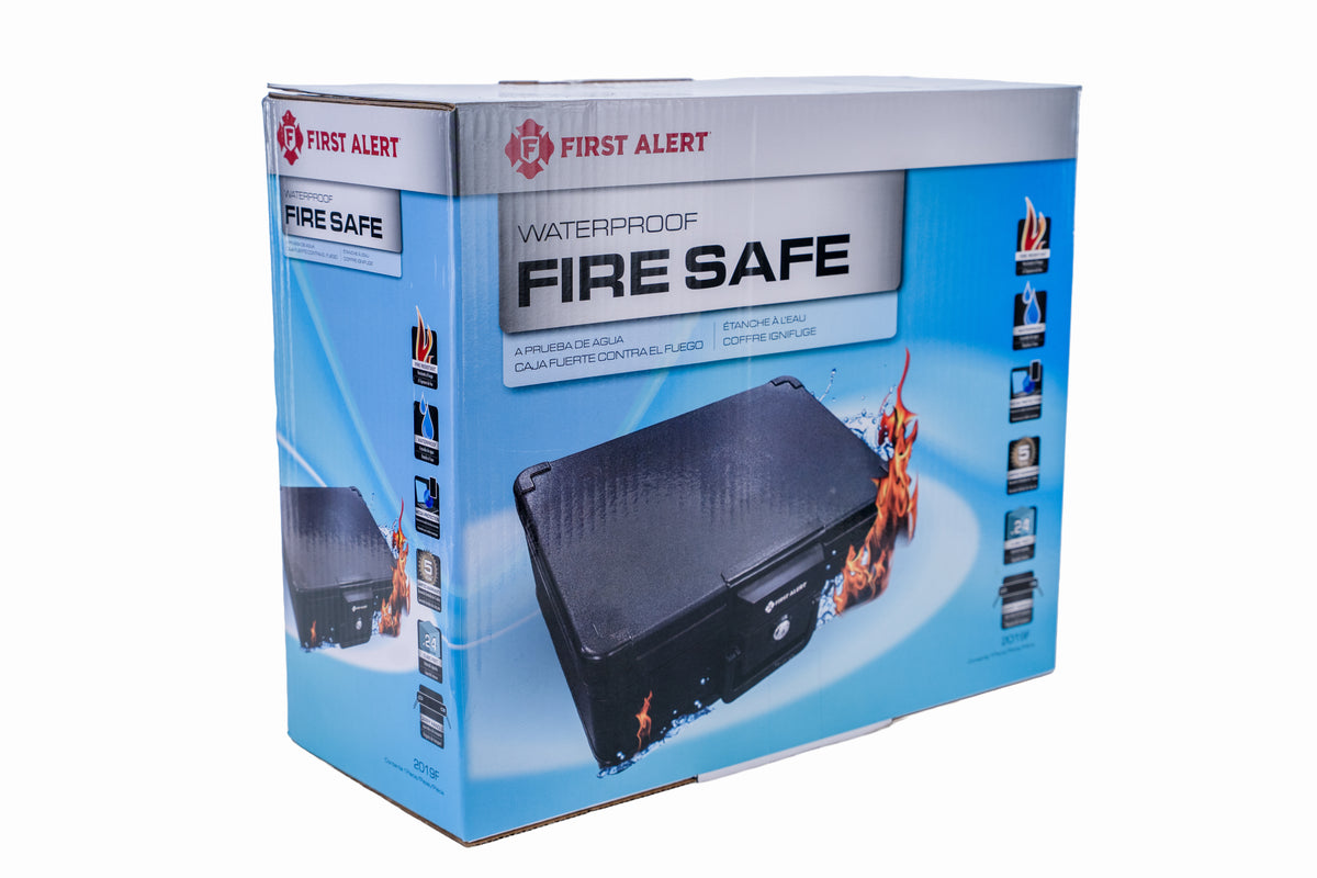 First Alert Fireproof and Waterproof Security Safe, .24 CU FT, 30 Minute Fire rating @ 1550, Fire Proof UL Rated Fire Chest. Features single latch design with push button and key lock. Model 2019F