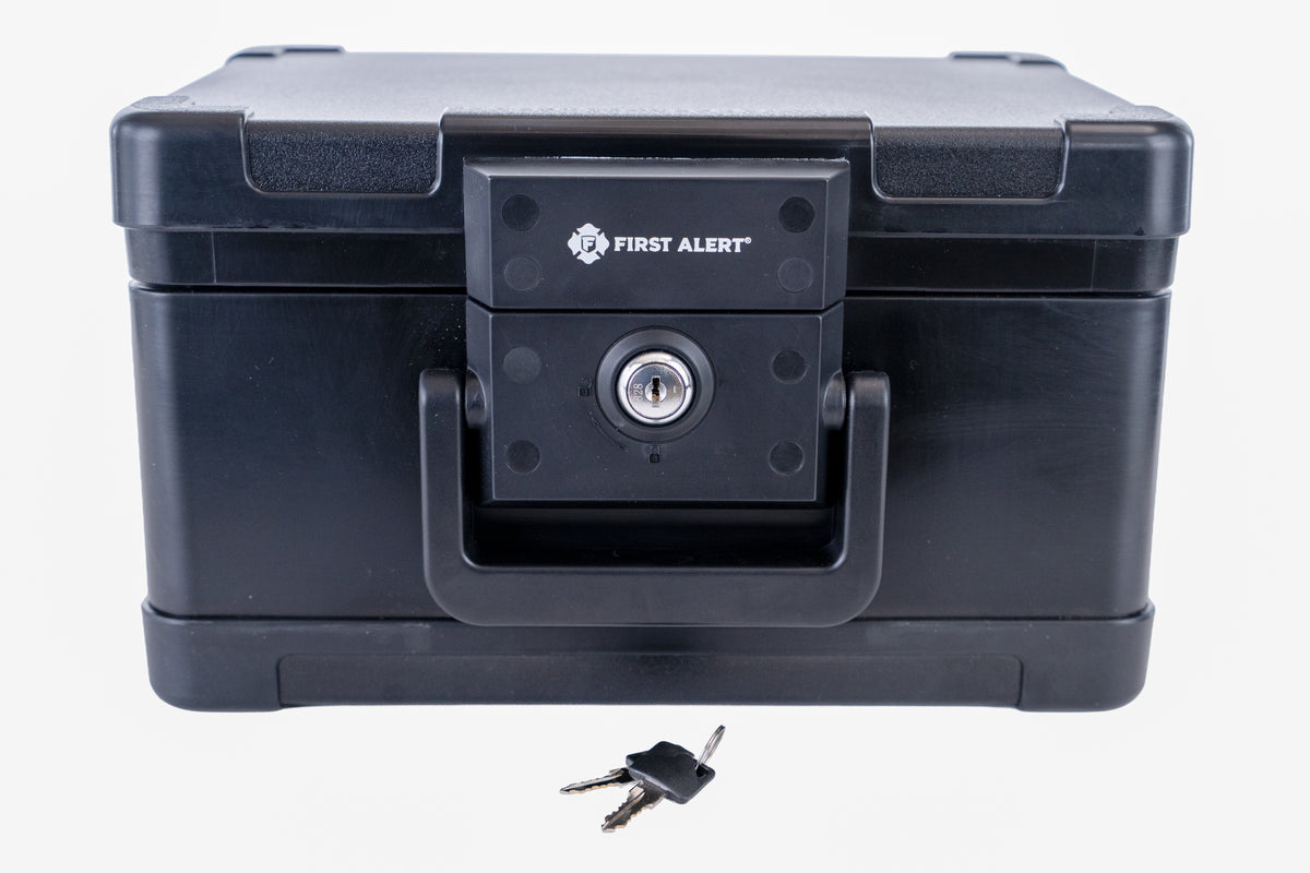 First Alert Fireproof and Waterproof Security Safe, .15 CU FT, 30 Minute Fire rating @ 1550, Fire Proof UL Rated Fire Chest. Features single latch design with push button and key lock. Model 2012F