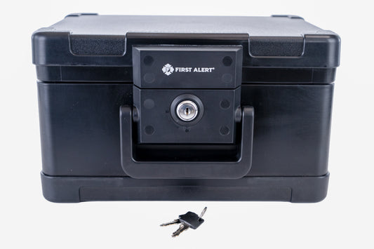 First Alert Fireproof and Waterproof Security Safe, .15 CU FT, 30 Minute Fire rating @ 1550, Fire Proof UL Rated Fire Chest. Features single latch design with push button and key lock. Model 2012F