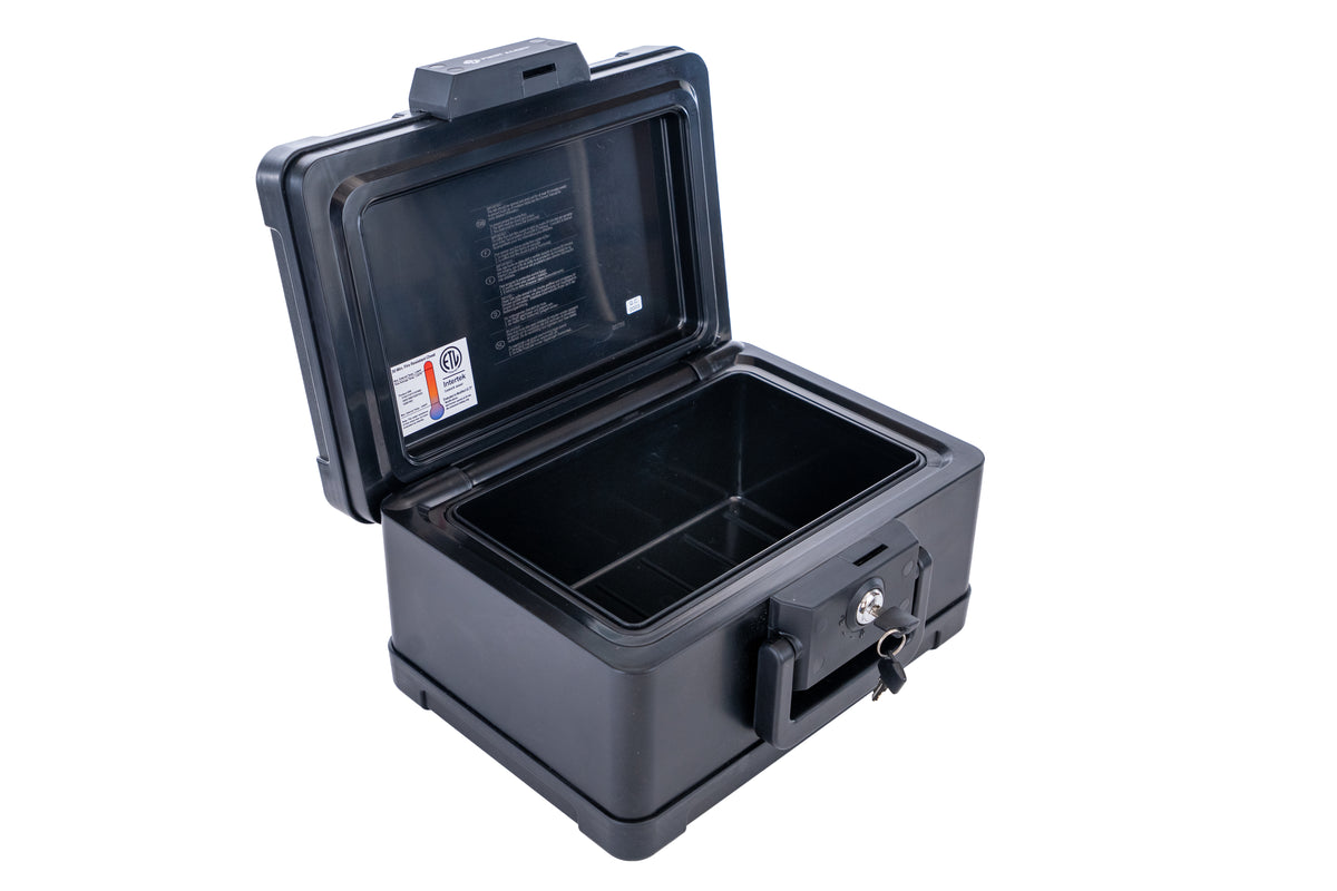 First Alert Fireproof and Waterproof Security Safe, .15 CU FT, 30 Minute Fire rating @ 1550, Fire Proof UL Rated Fire Chest. Features single latch design with push button and key lock. Model 2012F