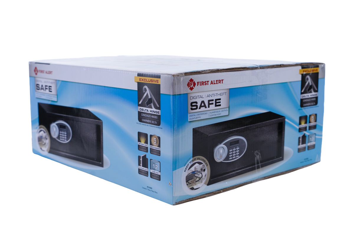 First Alert Steel Security Safe, 1.2 CU FT Features Digital Electronic Lock and  Emergency Access Override Key, Anti-Pry Hinges, Interior Lighting, Removable Shelf & Bolt Down Feature.  Model 4015DFB