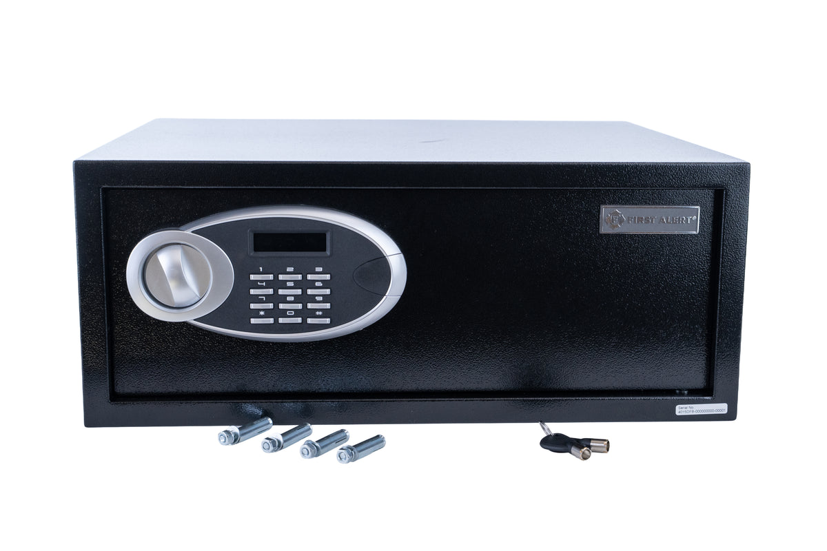 First Alert Steel Security Safe, 1.2 CU FT Features Digital Electronic Lock and  Emergency Access Override Key, Anti-Pry Hinges, Interior Lighting, Removable Shelf & Bolt Down Feature.  Model 4015DFB